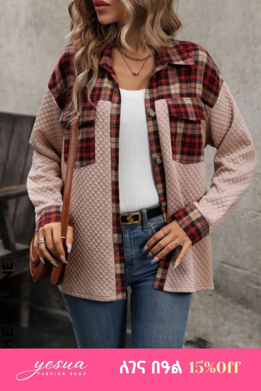 SHEIN LUNE Contrast Plaid Print Drop Shoulder Flap Pocket Coat