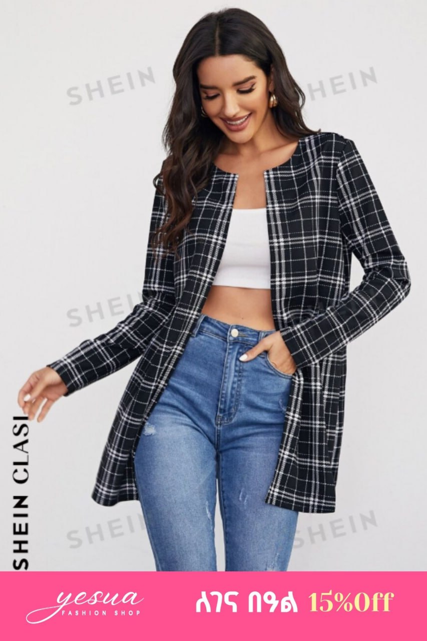 SHEIN Clasi Open Front Plaid Coat