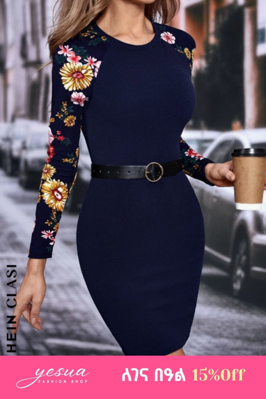SHEIN Clasi Floral Print Raglan Sleeve Bodycon Dress Without Belt