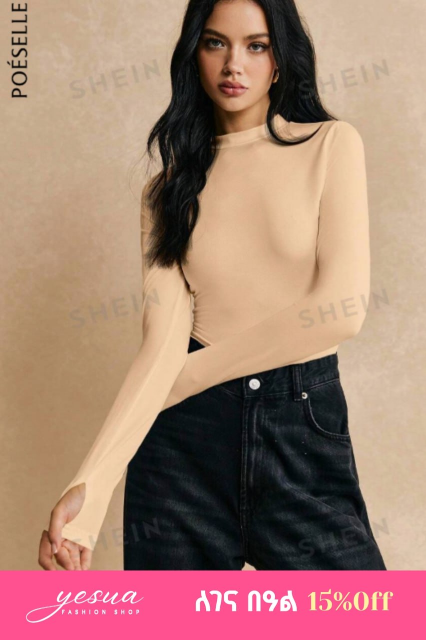 Poéselle Solid Mock Neck Tee, Bottoming Tee, Long Sleeve, Basic Tee