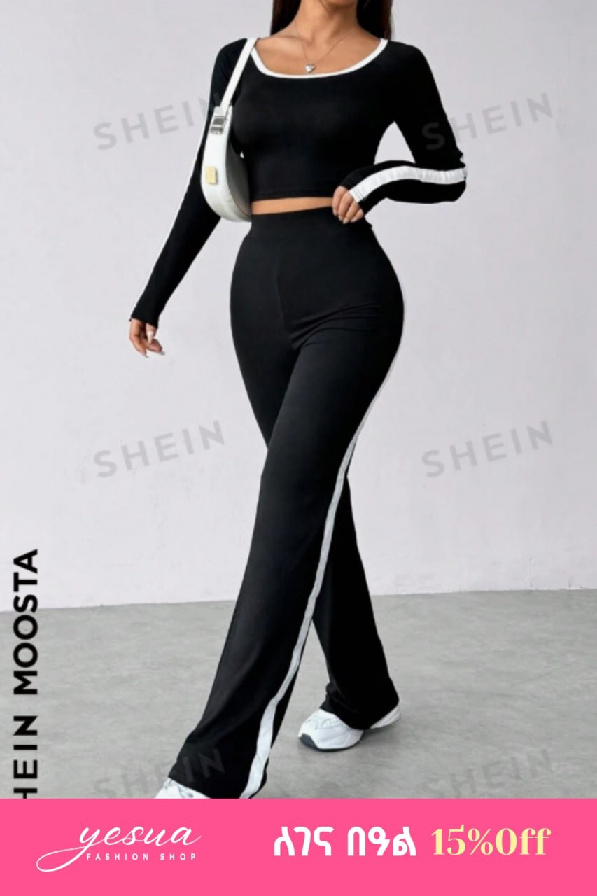 SHEIN MOOSTA Women's Color-Blocked Long Sleeve Crop Tee And Pants Set