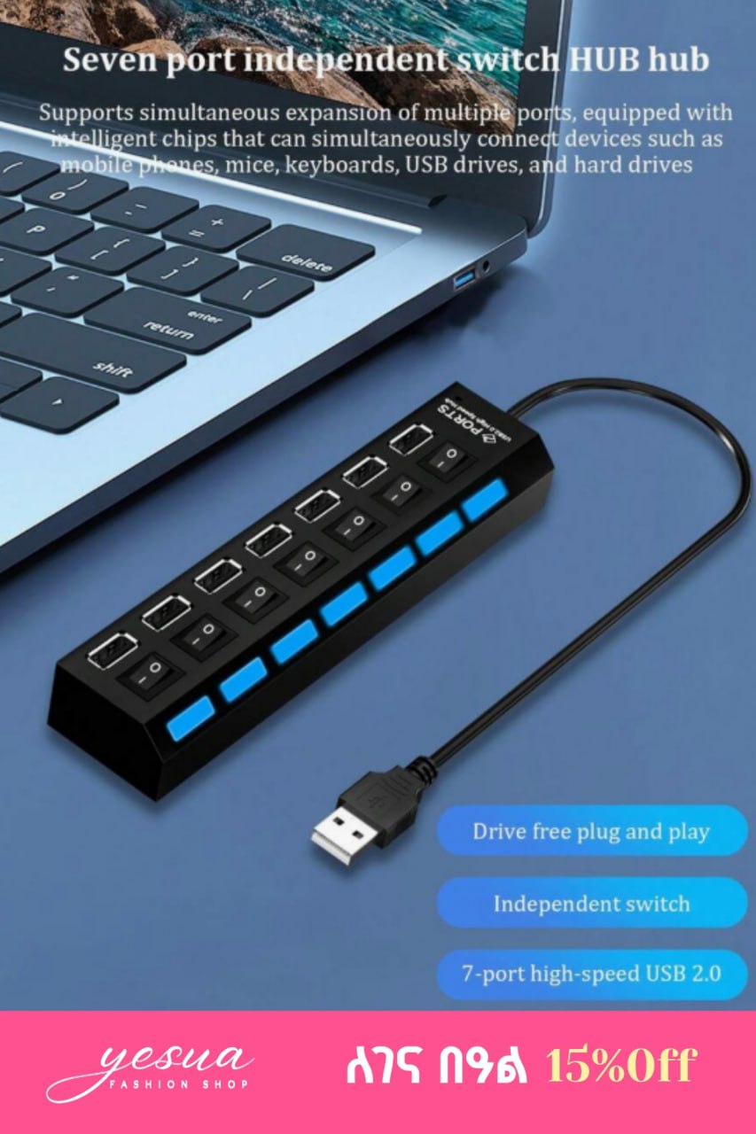 Black Independent Switch 7-Port Splitter HUB, USB 2.0 Multi-Interface Hub, One-To-Seven USB High-Speed Expansion Dock, Plug And Play (Does Not Support Device Charging)